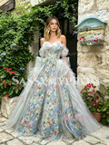 Blue Sweetheart A Line Ruffles Floral Prom Dress