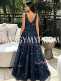 Deep V Neck Navy Blue A Line Lace Prom Dress