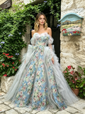 Blue Sweetheart A Line Ruffles Floral Prom Dress