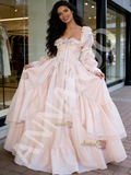 Long Sleeve Satin Pink Square Lace Ruffles Wedding Dress