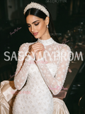 Sheath Column Beading Crystal High Neck Long Sleeve Wedding Dress