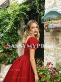 Red Satin Puffy Sleeve A Line Pearl Square Prom Dress