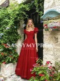 Red Satin Puffy Sleeve A Line Pearl Square Prom Dress