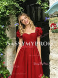 Red Satin Puffy Sleeve A Line Pearl Square Prom Dress