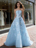 Sweetheart Lace A Line Bow Blue Wedding Dress