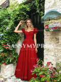 Red Satin Puffy Sleeve A Line Pearl Square Prom Dress