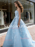 Sweetheart Lace A Line Bow Blue Wedding Dress