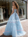 Sweetheart Lace A Line Bow Blue Wedding Dress