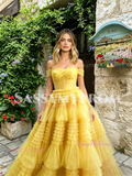 Yellow Off The Shoulder Layer Ruffles A Line Prom Dress