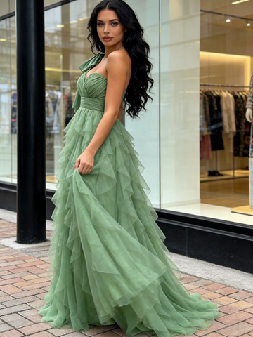 Tulle Layers A Line Sparkle One Shoulder Prom Dress