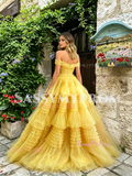 Yellow Off The Shoulder Layer Ruffles A Line Prom Dress