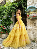 Yellow Off The Shoulder Layer Ruffles A Line Prom Dress