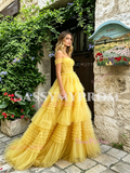 Yellow Off The Shoulder Layer Ruffles A Line Prom Dress