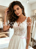 A Line Chiffon Sleeve Lace V Neck Wedding Dress With Slit