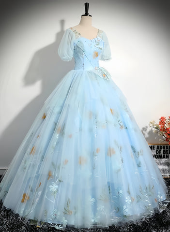 2024 Blue Floral Short Sleeves Ball Gown Sweet 16 Dress Sassymyprom 2024 Blue Floral Short Sleeves Ball Gown Sweet 16 Dress Sassymyprom