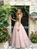 Pink Floral Spaghetti Straps Tulle A Line Prom Dress