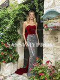 Strapless Sequin Silver Burgundy Trumpet Mermaid Prom Dress