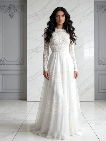 Lace Scoop Long Sleeve White Tulle A Line Wedding Dress