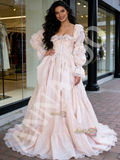 Long Sleeve Satin Pink Square Lace Ruffles Wedding Dress