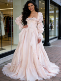 Long Sleeve Satin Pink Square Lace Ruffles Wedding Dress