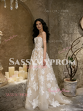 Appliques Tulle Strapless Champagne Lace A Line Wedding Dress