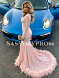Pink Long Sleeve Trumpet Mermaid Spandex Prom Dress With Feathter