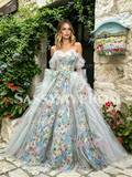 Blue Sweetheart A Line Ruffles Floral Prom Dress