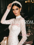 Sheath Column Beading Crystal High Neck Long Sleeve Wedding Dress