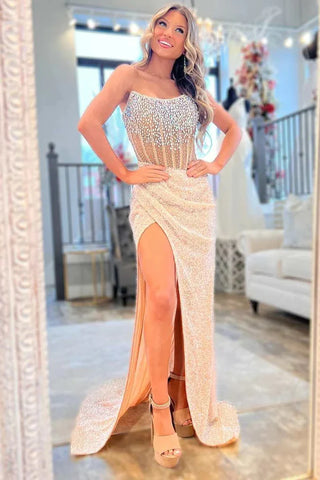 Champagne Strapless Mermaid Long Prom Dress with Slit