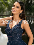 Deep V Neck Navy Blue A Line Lace Prom Dress
