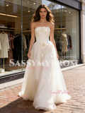 Satin A Line Tulle Strapless Flower Wedding Dress