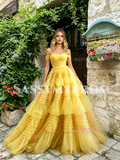 Yellow Off The Shoulder Layer Ruffles A Line Prom Dress
