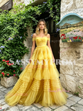 Yellow Off The Shoulder Layer Ruffles A Line Prom Dress