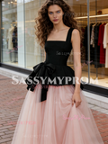 Velvet Straps Tulle A Line Pink A Line Prom Dress