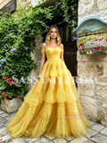 Yellow Off The Shoulder Layer Ruffles A Line Prom Dress