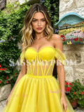 Yellow Off The Shouler Tulle Ruffles A Line Prom Dress