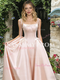 Pink Spaghetti Straps Satin A Line Prom Dress