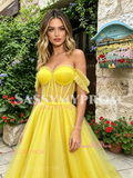 Yellow Off The Shouler Tulle Ruffles A Line Prom Dress