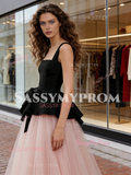 Velvet Straps Tulle A Line Pink A Line Prom Dress