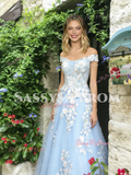Light Blue Off The Shoulder A Line Appliques Prom Dress
