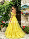 Yellow Off The Shouler Tulle Ruffles A Line Prom Dress