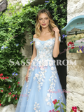 Light Blue Off The Shoulder A Line Appliques Prom Dress