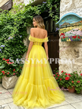 Yellow Off The Shouler Tulle Ruffles A Line Prom Dress