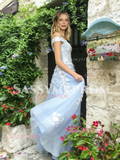Light Blue Off The Shoulder A Line Appliques Prom Dress
