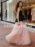 Velvet Straps Tulle A Line Pink A Line Prom Dress