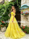 Yellow Off The Shouler Tulle Ruffles A Line Prom Dress