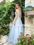 Light Blue Off The Shoulder A Line Appliques Prom Dress