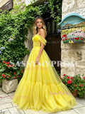 Yellow Off The Shouler Tulle Ruffles A Line Prom Dress