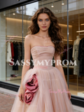 Pink Flower Strapless A Line Ruched Tulle Prom Dress