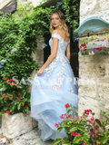 Light Blue Off The Shoulder A Line Appliques Prom Dress